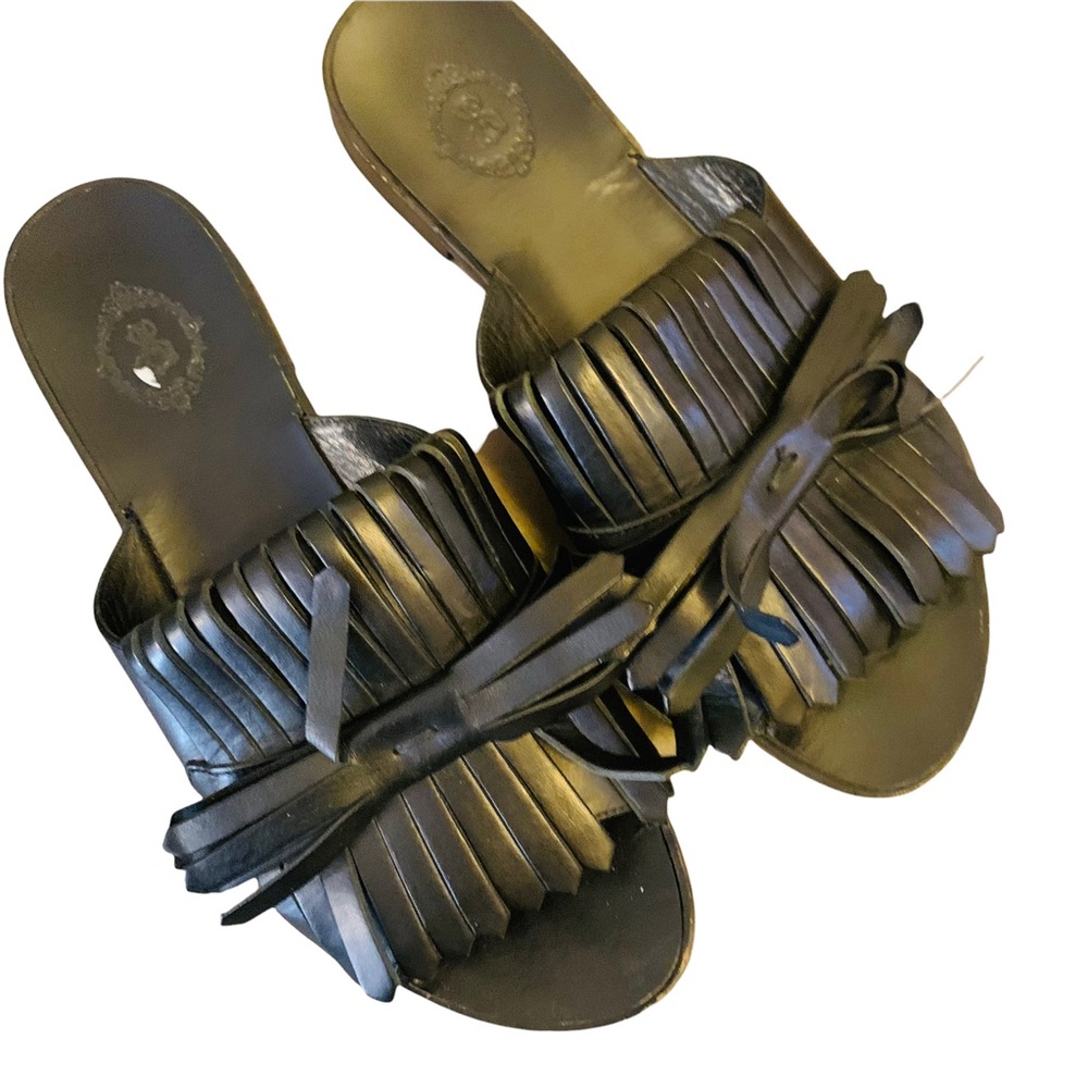 Aleksander Siradekian Black Leather Kittie Fringe Sandals